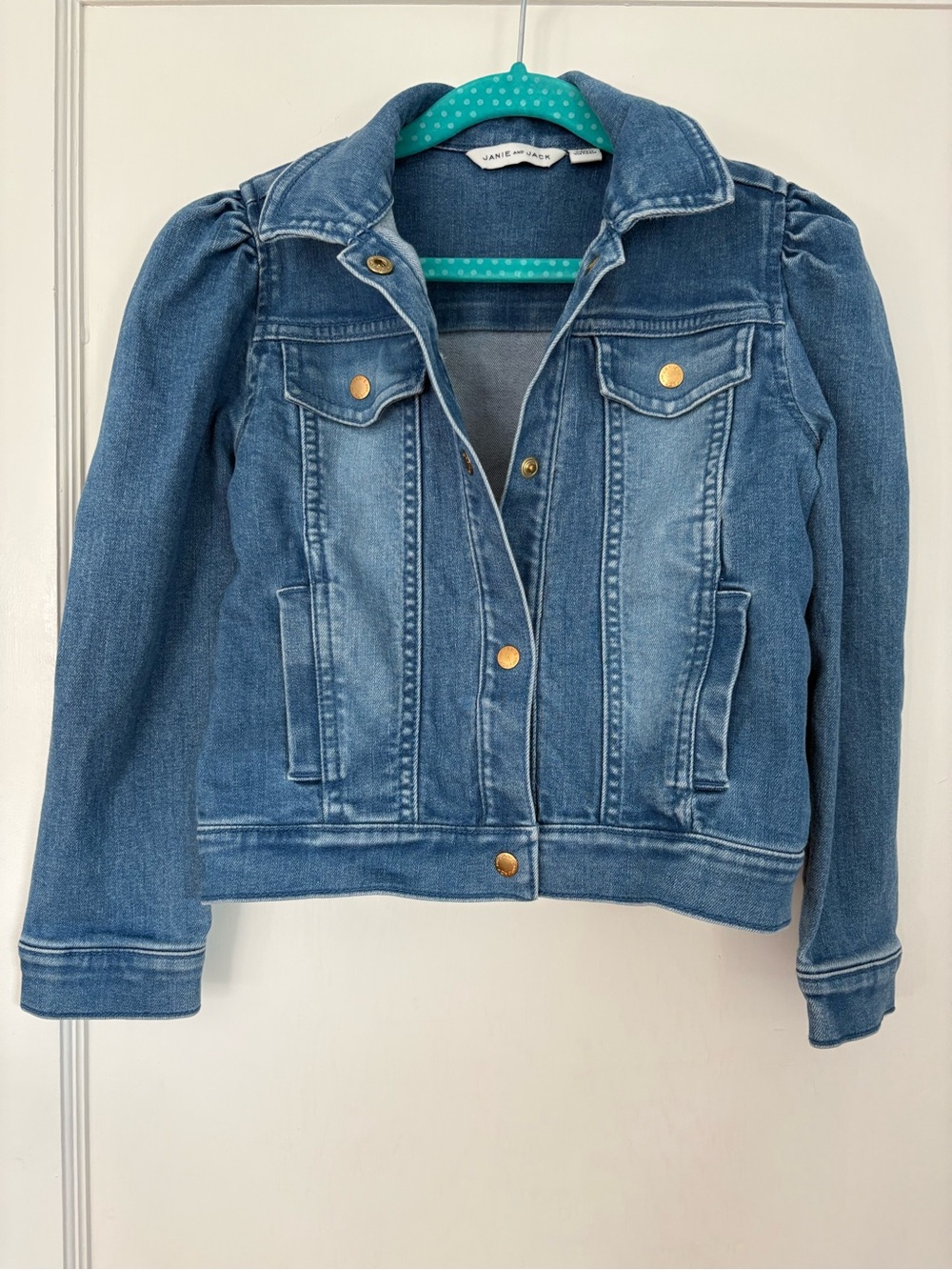 Janie and Jack Girls' Mid Wash Denim Jacket with Puff Shoulders - Blue size 5-6
